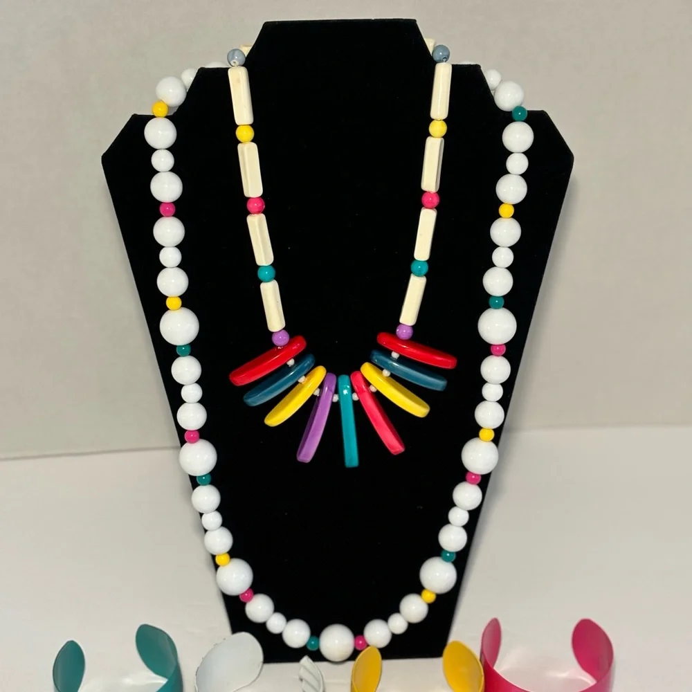 VTG Colorful Chunky Bead Necklaces Enamel Over Metal Cuff Bracelets Lot of 6